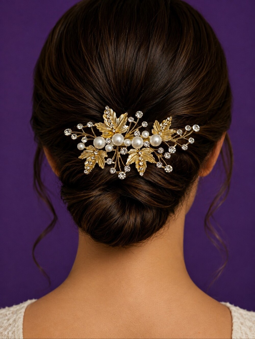 Bridal Goldtone Pearl Rhinestone Leaves Clip Barrette